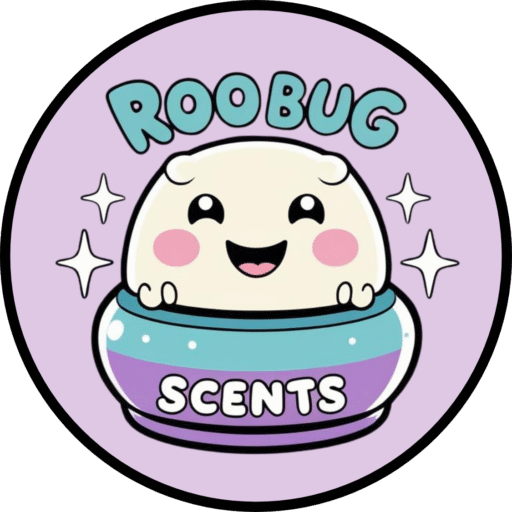 A playful and cute logo for “Roobug Scents” featuring rounded, bubbly lettering. The design includes a smiling cartoon wax warmer character surrounded by sparkles. The color palette is bright and cheerful with lavender purple, pink, aqua blue, lime green, and creamy white. The overall style is fun, friendly, and eye-catching, perfect for a whimsical home fragrance brand.